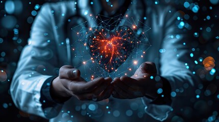 Poster - An illustration of a doctor holding a protective shield with a heartbeat line. stock photo