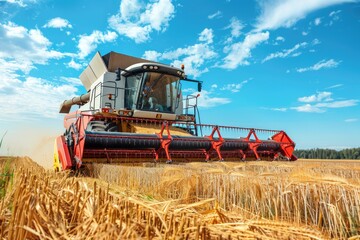 A modern combine harvester works efficiently in the golden wheat field under a blue sky