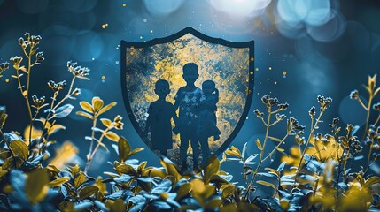 Poster - An illustration of a family surrounded by a health shield. image