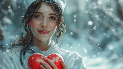 Poster - A conceptual painting of a nurse with a heart shield. photo