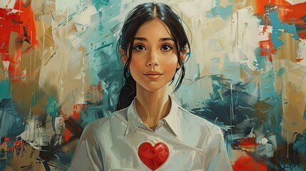 Wall Mural - A conceptual painting of a nurse with a heart shield. stock image