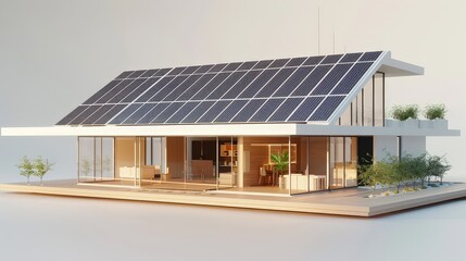 an eco-friendly house model showcasing large solar panels on the roof, providing renewable energy to