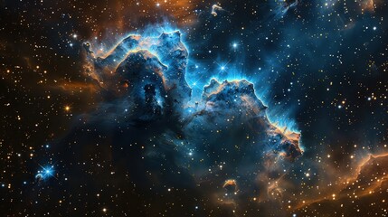 Wall Mural - An enchanting nebula cloud glowing in ethereal blues and oranges, surrounded by a star-studded night sky in the vast galaxy.