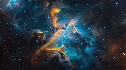 Wall Mural - An enchanting nebula cloud glowing in ethereal blues and oranges, surrounded by a star-studded night sky in the vast galaxy.