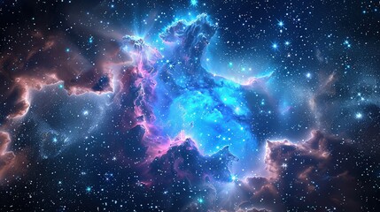 Wall Mural - An enchanting space galaxy cloud glowing in vibrant blues and pinks, surrounded by a starry night sky and shimmering cosmic dust.