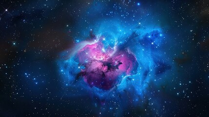 Wall Mural - An enchanting space galaxy cloud glowing in vibrant blues and pinks, surrounded by a starry night sky and shimmering cosmic dust.