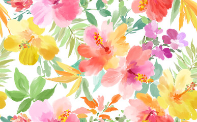 Wall Mural - Colorful hibiscus pastel seamless pattern with transparent background






