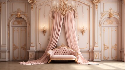 Digital Wedding Backdrop for Photography of Luxurious Royal Room with Pink Drapes and Sofa