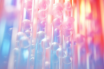 Poster - Pink holographic bubbles floating on the soft colorful abstract background in beautiful vivid tones.