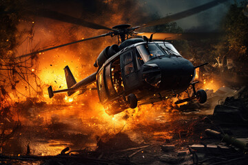 Action shot with helicopter hovering in the air over flame and explosions. Dynamic scene in action movie blockbuster style.