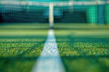 Wall Mural - Beautiful blurred background of an artificial tennis court with white lines on green grass, with a depth of field effect. Closeup detail shot with a bokeh effect.