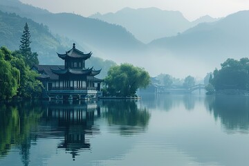 Wall Mural - The pavilion in the center of the lake and the mountains in the distance