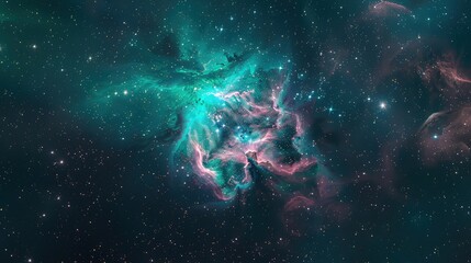 Wall Mural - An ethereal view of a cosmic nebula cloud glowing in brilliant teal and pink hues, surrounded by a starry night sky filled with distant galaxies.