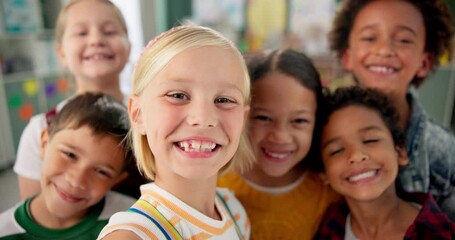 Poster - Children, school and happy in class selfie, student and fun with group for childcare development and growth and smile. Fun, diversity and bonding with friends or peers, learn environment or classroom