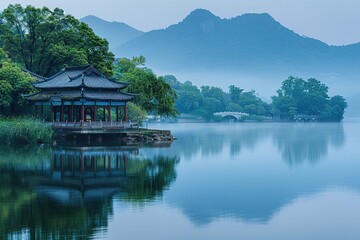 Wall Mural - The pavilion in the center of the lake and the mountains in the distance