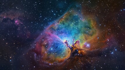 Wall Mural - An expansive view of a colorful nebula cloud glowing brightly against a star-studded galaxy backdrop under a deep, starry night sky.