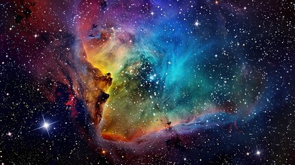 Wall Mural - An expansive view of a colorful nebula cloud glowing brightly against a star-studded galaxy backdrop under a deep, starry night sky.