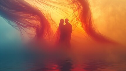 Poster - A love that transcends time and space, represented by two intertwined figures fading into the horizon, symbolizing the enduring connection and everlasting bond of love. image