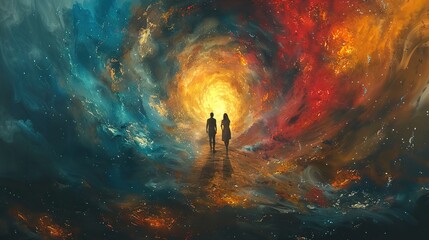Poster - A love that defies gravity, depicted by two figures floating amidst a swirling vortex of colors, signifying the power of love to lift us up and carry us through challenges. stock photo