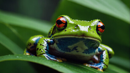 Wall Mural -  bright green frog is sitting on a large green leaf. 