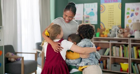 Poster - Happy woman, children and hug teacher at kindergarten for learning, education or development in class together. Smile, group and kids embrace educator in school for diversity, laugh or playing game