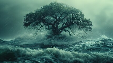 Poster - A love that endures through trials and tribulations, represented by a tree with deep roots weathering a storm, symbolizing the resilience, strength, stock photo