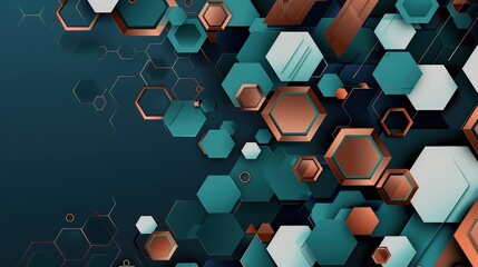 Wall Mural - An intricate geometric abstract background with fluid hexagons and gradients in shades of teal, copper, and navy, creating a modern and polished look.