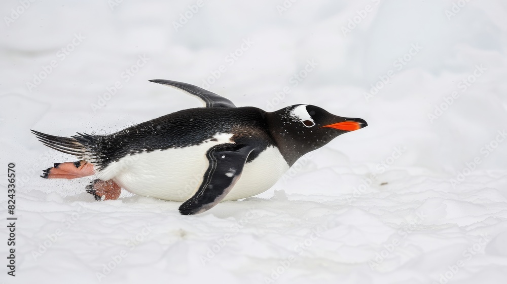 A penguin slides down an icy slope on its belly, flippers outstretched ...