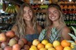© Good Shot - Two young women at a fruit market, smiling brightly, surrounded by colorful fresh produce.