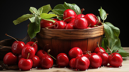 Wall Mural - Vibrant Fresh Red Wet Apples in a Wooden Barrel on Blurry Background