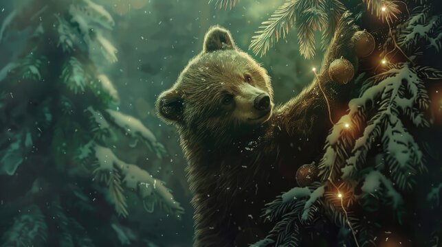 Green Christmas bear climbing tree