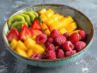 A bowl of fruit with strawberries and kiwifruit