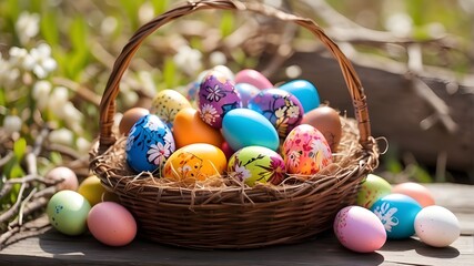 Arrangement of bright Easter eggs in a basket outside on a pleasant, sunny day, all adorned. In a springtime natural setting, chocolate Easter eggs nestled in a basket made of natural wood. customs re