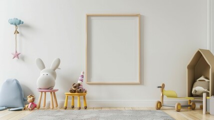 blank wooden picture frame on a white wall in a kids playroom neutral colors, AI Generative