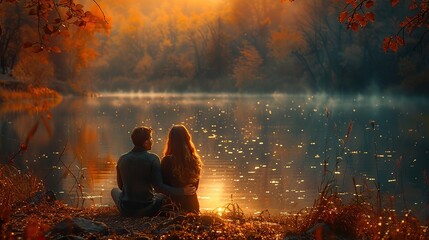 Poster - A love that finds solace in nature's embrace, portrayed by two figures sitting by a tranquil lake, symbolizing the serenity, connection image