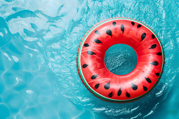 Wall Mural - Watermelon floaty pool ring on blue background.