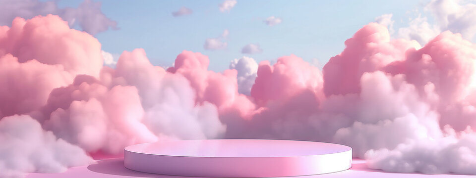 background podium pink product sky platform display cloud pastel scene render stand. 3d render illus