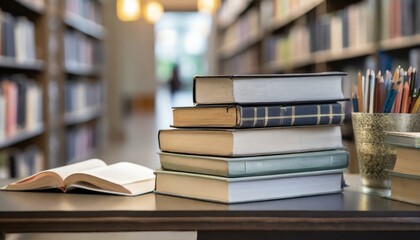 Wall Mural - stack of books on a library table