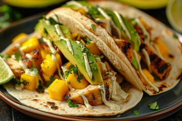 A delicious chicken taco with mango salsa, avocado slices, and a drizzle of lime crema, presented on a stylish plate