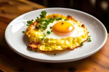 Wall Mural - fry egg omellete in white plate on wooden table