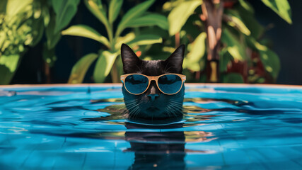 Wall Mural - A black cat in sunglasses swims in a summer pool outdoors