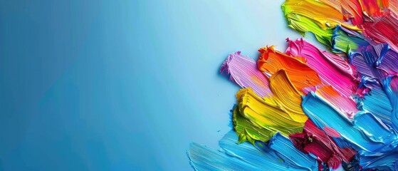 Colorful abstract oil painting on canvas with vibrant brushstrokes on a blue background, showcasing artistic creativity and vivid hues.