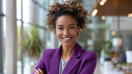 Wall Mural - A businesswoman with a professional blue blazer, facing the camera with a friendly smile and open body language