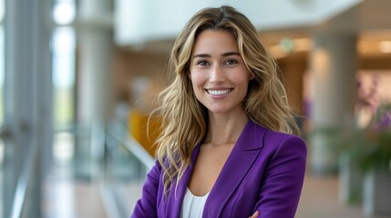 Wall Mural - A businesswoman with a professional blue blazer, facing the camera with a friendly smile and open body language