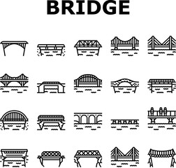 Canvas Print - bridge city building road river icons set vector. suspension landmark, gate arch, metal skyline, architecture bay, tower landscape bridge city building road river black contour illustrations