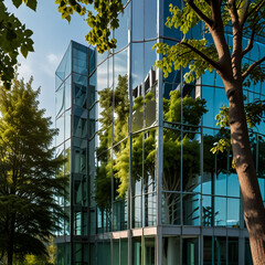 Eco-friendly building in the modern city. Sustainable glass office building with trees for reducing heat and carbon dioxide