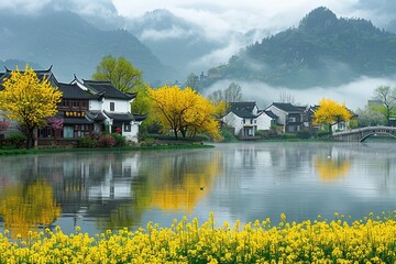 Wall Mural - In the village by the lake, rapeseed flowers are in full bloom