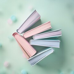 Wall Mural - stack of books on a table; shot from above; pastel color