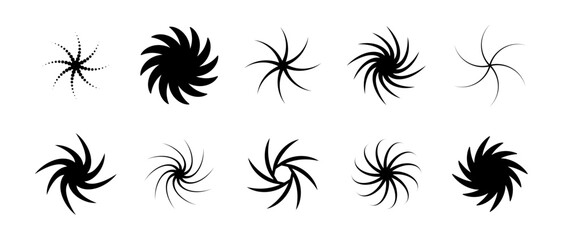 Poster - Various twist and swirl element set. Black dotted twirl and rotating symbols collection. Circular radial revolving spinning whirlwind objects bundle for graphic design, poster, banner. Vector pack