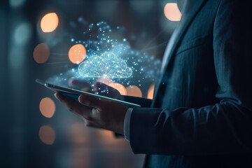 Poster - Businessman holding a tablet with cloud computing technology concept on the screens, AI generated